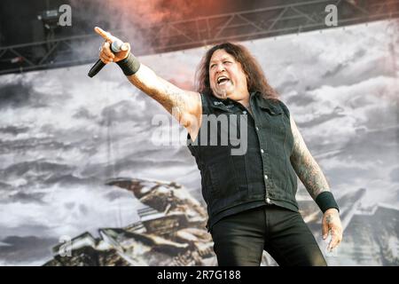Solvesborg, Schweden. 07., Juni 2023. Die amerikanische Thrash Metal Band Testament tritt während des schwedischen Musikfestivals Sweden Rock Festival 2023 in Solvesborg auf. Hier wird der Sänger Chuck Billy live auf der Bühne gesehen. (Foto: Gonzales Photo - Terje Dokken). Stockfoto