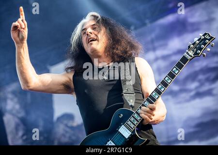 Solvesborg, Schweden. 07., Juni 2023. Die amerikanische Thrash Metal Band Testament tritt während des schwedischen Musikfestivals Sweden Rock Festival 2023 in Solvesborg auf. Hier wird der Gitarrist Alex Skolnick live auf der Bühne gesehen. (Foto: Gonzales Photo - Terje Dokken). Stockfoto