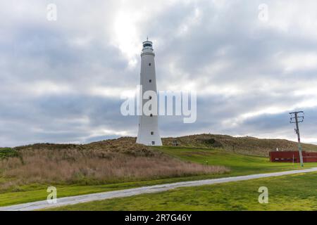 Foto des Cape Wickham Lighthouse auf einem grünen Feld in der Nähe der Bass Strait auf King Island in Tasmanien in Australien Stockfoto