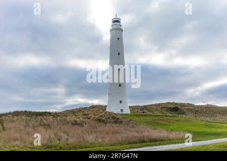 Foto des Cape Wickham Lighthouse auf einem grünen Feld in der Nähe der Bass Strait auf King Island in Tasmanien in Australien Stockfoto