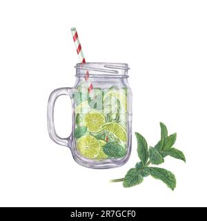 Erfrischendes Getränk mit Minzblättern, Eiswürfeln, Limettenscheiben, Strohhalm in Glasgefäß Aquarell Darstellung eines Mojito-Cocktails isoliert auf Weiß Stockfoto