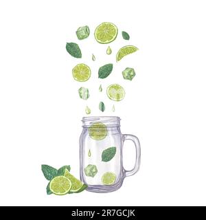 Fliegende frische Limettenscheiben, Eiswürfel, Minzblätter in einem Maurerglas, isoliert auf weißem Hintergrund. Botanisches Aquarell für Kartendesign, Menü Stockfoto