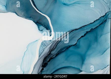 Blauer marmorierter Alkoholtinte-Zeicheneffekt. Hintergrund der Illustration. Stockfoto