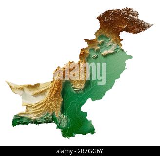 Pakistan. Detailliertes 3D-Rendering einer schattierten Reliefkarte mit Flüssen und Seen. Farbig nach Höhe. Weißer Hintergrund. Erstellt mit Satellitendaten. Stockfoto