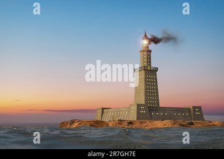 3D-Visualisierung des Leuchtturms von Alexandria auf der Insel Pharos - eines der sieben Weltwunder der Antike (3D-Rendering) Stockfoto