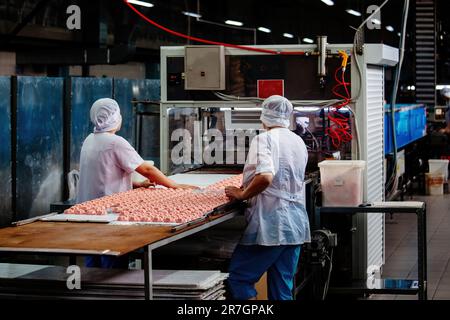 Die Konditorei arbeitet an der Marshmallow-Produktionslinie. Stockfoto