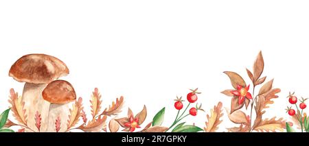 Horizontales, wasserfarbenes, nahtloses Randmuster im Herbstwald. Schweinefilze, Eichenblätter, grüne Zweige, rote Beeren und Wildblumen. Handgezeichnet Stockfoto