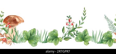 Horizontales, nahtloses Randmuster in Aquarellfarben. Porcini-Pilze, grüne Blätter und Äste, rote Beeren und Wildblumen. Handgezeichnet botanisch Stockfoto