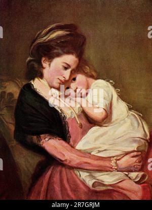 Der Titel der frühen 19a0er Jahre lautet: "Lady with a Child" von George Romney. Die dunkelblauen Augen des Kindes blicken aus der Welt heraus und staunen, dass die Pose wunderbar natürlich ist. Romneys Designgenie hat ihn nie enttäuscht, als er ein Mädchen, eine Mutter und ein Kind oder eine Gruppe von Kindern im Spiel war. George Romney (1734-1802) war ein englischer Porträtmaler. Er war der angesagteste Künstler seiner Zeit und malte viele führende Persönlichkeiten der Gesellschaft – darunter seine künstlerische Muse Emma Hamilton, Geliebte von Lord Nelson.“ George Romney (1734-1802) war ein englischer Porträtmaler. Er war sehr modern Stockfoto