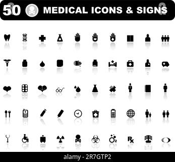Medizinische Symbole Satz von 50 medizinischen Symbolen für Web-Anwendungen. Web Medical Button und Warnschilder. Schwarzer und weißer Hintergrund Stock Vektor