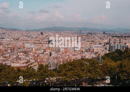 Ein Luftbild einer belebten Stadtlandschaft mit einer Vielzahl von Wolkenkratzern und üppigem Laub im Vordergrund Stockfoto