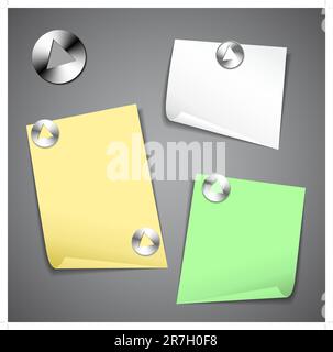 Klebrigen Papieren auf dunklem Hintergrund mit Reißzwecken isoliert Stock Vektor