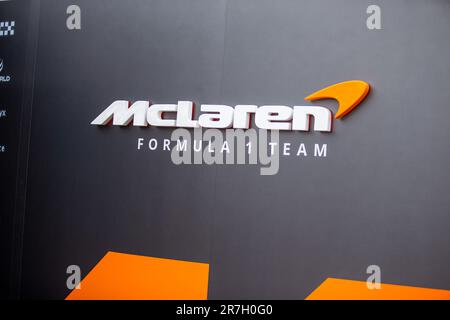 McLaren F1 Team Logo.während Tag 1 DER FORMEL 1 PIRELLI GRAND PRIX DU CANADA 2023 – vom 15. Bis 18. Juni 2023 in Montreal, Quebec, Kanada (Kreditbild: © Stefano Facchin/Avens-Images/Cal Sport Media) Stockfoto