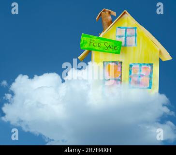 Der Traum von Hausbesitz, Modellhaus auf Wolke, blauer Himmel und Mond, Konzept, kostenloser Kopierraum Stockfoto