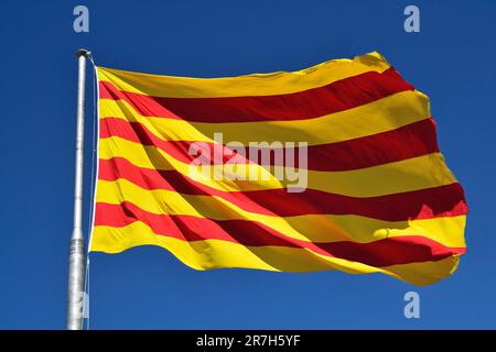 Die Flagge Kataloniens winkt im Wind. Mit blauem Himmelshintergrund Stockfoto