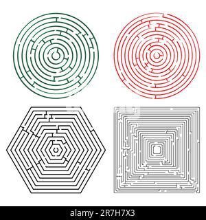 Druckbare Labyrinth-Sammlung vor weißem Hintergrund, abstrakte Vektorgrafik-Illustration Stock Vektor