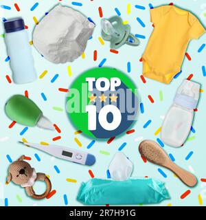 Top-Ten-Liste der Babypflegeprodukte auf hellblauem Hintergrund Stockfoto