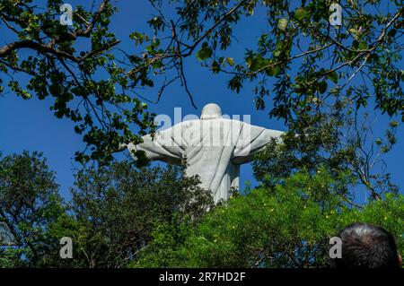 Die Rückseite der Christus-Erlöser-Statue sah durch die dichte grüne Vegetation des Corcovado Berggipfels unter dem sonnigen blauen Himmel am Sommernachmittag. Stockfoto