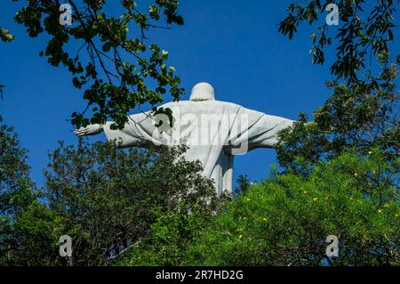 Die Rückseite der Christusstatue sah hinter der dichten grünen Vegetation des Corcovado Berggipfels unter dem sonnigen blauen Himmel am Sommernachmittag. Stockfoto