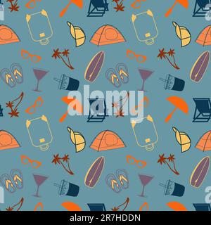 Nahtloses Design mit Reiseausrüstung. Vektorabbildung in abgewickelter Form. Stock Vektor