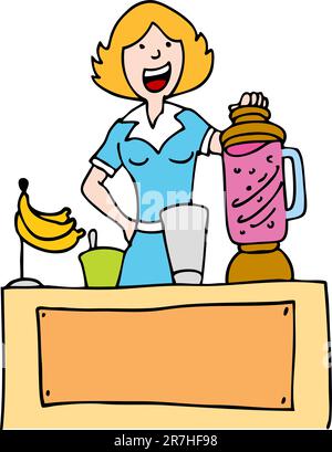 Ein Bild einer Frau mit einem Mixer zu einen Banane Smoothie machen. Stock Vektor