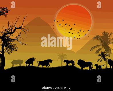 Wilde Tiere Silhouette auf wunderschönem Landschaftsuntergang, Vektordarstellung Stock Vektor