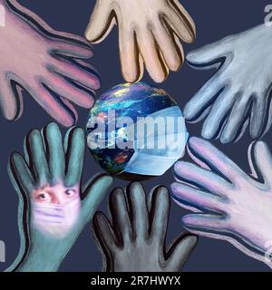 Bild von globaler Gleichheit und Frieden am Internationalen Tag der Menschenrechte mit maskiertem Planeten, Palmenabdruck und maskiertem Mädchen. Menschenrechte und COVID-19. Inequa Stockfoto