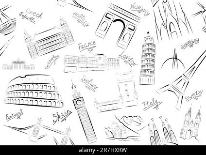 Nahtlose Vektordarstellung von Sehenswürdigkeiten einiger europäischer Länder. Schwarz auf Weiß. Stock Vektor