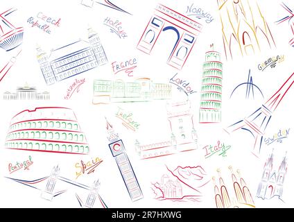 Nahtlose Vektordarstellung von Sehenswürdigkeiten einiger europäischer Länder. Stock Vektor