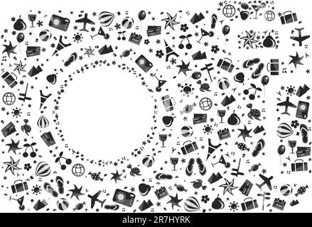 Schwarzweiß-Kamera aus verschiedenen Reiselementen, isoliert auf weißem Hintergrund Stock Vektor