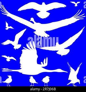 Weiße Vogelsilhouetten über blau, abstrakte Kunstdarstellung Stock Vektor