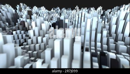 Abstrakte Schwarz-Weiß-Landschaft aus sich bewegenden Wellen mit futuristischen Rechteckhintergründen. Stockfoto