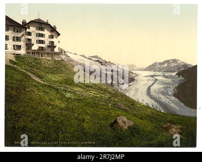 Hotel Belalp und Aletschgletscher, Belalp, Wallis, Schweiz 1890. Stockfoto