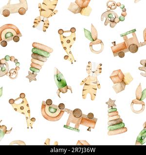 Nahtloses Muster mit Pyramide, Zug, Tiger, Auto, Rakete, Würfel und Giraffe auf Rädern und Beißspielzeug. Endloser Hintergrund für Babys. Handgezeichnete Aquarelle Stockfoto