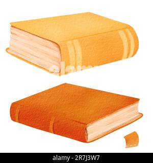 Ein Satz der Buchrücken von Aquarellbüchern. Universität, Schulbeginn, College. Dickes, dünnes Buch, Lesezeichen. Orangefarbene Schulbücher. Isolierte Elemente Stockfoto