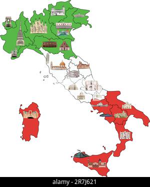 Karte von Italien, unterteilt nach Regionen mit den berühmtesten Sehenswürdigkeiten in jeder. Bilder im Aquarellstil gezeichnet. Vektordarstellung. Stock Vektor