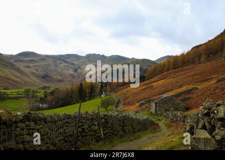 Eine malerische ländliche Landschaft mit einer gewundenen Schotterstraße, die durch ein üppiges grünes Tal führt Stockfoto