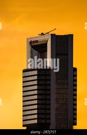 Madrid, Spanien - 17. August 2022: CEPSA-Turm im Geschäftsviertel Cuatro Torres. Blick bei Sonnenuntergang mit einem dramatischen gelben Himmel. Teleobjektiv. S Stockfoto