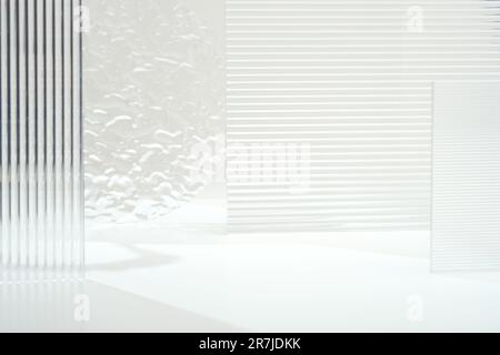 Transparentfolien-Sockelprodukte zeigen einen weißen Hintergrund mit hohem Tastendruck auf modernem Transparentfolien-Glas mit Sonnenlicht an Stockfoto
