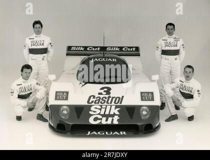 Autorennen die Piloten des Jaguar Silk Cut Teams Martin Brundle, Andy Wallace, Alain Ferte und Jan Lammers, UK 1990 Stockfoto