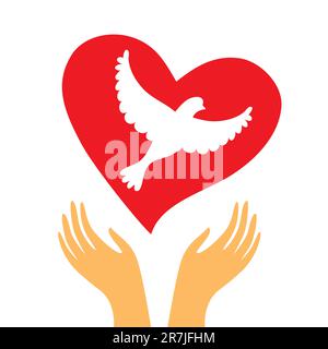 Das Zeichen von Frieden und Liebe - das Herz und eine Taube in seinen Händen. Stock Vektor