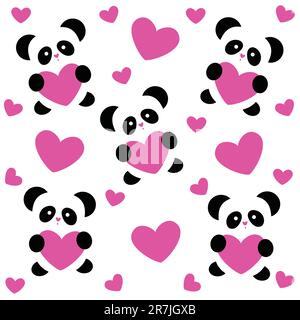 Vorlagenmuster zum Tag der Liebe - Liebespandas und rosa Herzen auf weißem Hintergrund Stock Vektor