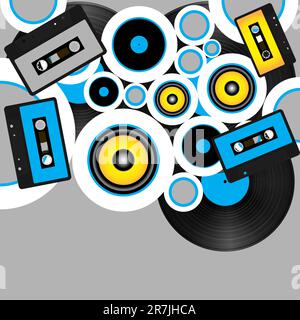 Retro-Party Hintergrund - Audio-Kassetten und Schallplatten auf grauem Hintergrund Stock Vektor