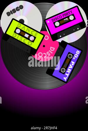 Retro-Party-Hintergrund – Audiokassetten, Vinyl-Platten und CD-Discs Stock Vektor