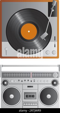 Ein Vektor-Plattenspieler und ein Boom-Box im Vintage-Stil der 1980er Jahre. Stock Vektor