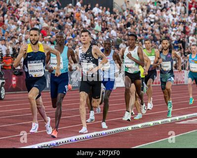 Jakob Ingebrigtsen aus Norwegen nimmt am 15. Juni 2023 an der 1500m der Männer in einem neuen PB und World Lead bei den Oslo Bislett Games, Wanda Diamond League, Bislett Stadium, Oslo Norwegen Teil. Foto: Gary Mitchell Stockfoto