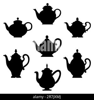 Schwarze Silhouetten antiker Teekannen oder Kaffeekannen. Design für Ihre Restaurantkarte Stock Vektor