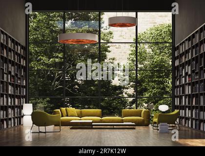 Bibliotheksraum im 3D-Rendering. Großer Raum mit einem großen Sofa in der Mitte, dekoriert mit runden Lampen, die sich von einem großen Fenster abheben. Tag Stockfoto