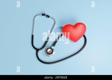 Stethoskop und rotes Herz auf rosa blauem Hintergrund. Illustration des Begriffs Herzgesundheit Stockfoto