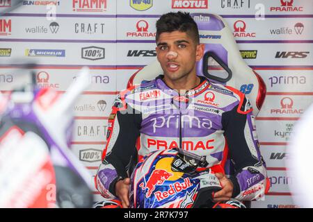 Hohenstein Ernstthal, Deutschland. 16. Juni 2023. Motorsport/Motorrad, deutscher Grand Prix, MotoGP 1. Training im Sachsenring. Jorge Martin aus Spanien vom Prima Pramac Racing Team sitzt in den Boxen. Kredit: Jan Woitas/dpa/Alamy Live News Stockfoto